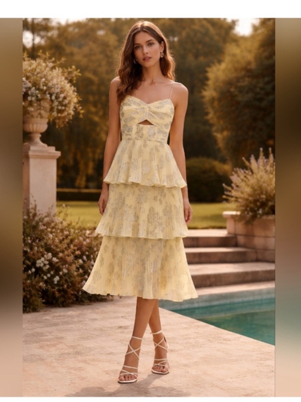 Self-Portrait Yellow Metallic
Jacquard Tiered Midi Dress Sz 8
